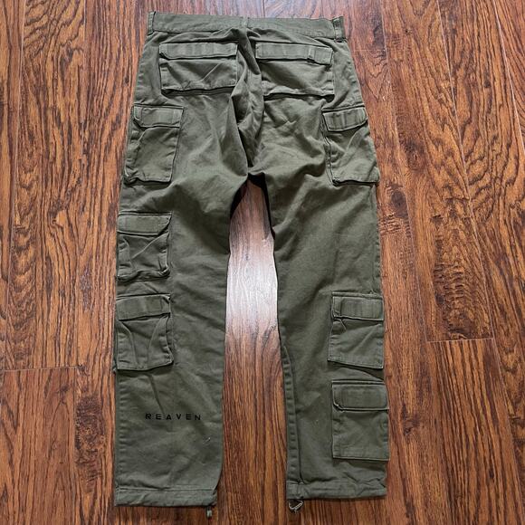 Reaven Olive Green 20 Pocket Cardo Straight Leg Streatwear Pants Mens Size M - Picture 4 of 8